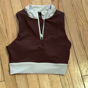 Wilo Brown and White Mock Neck‎ Zip Front Sports Bra Ribbed Size Large